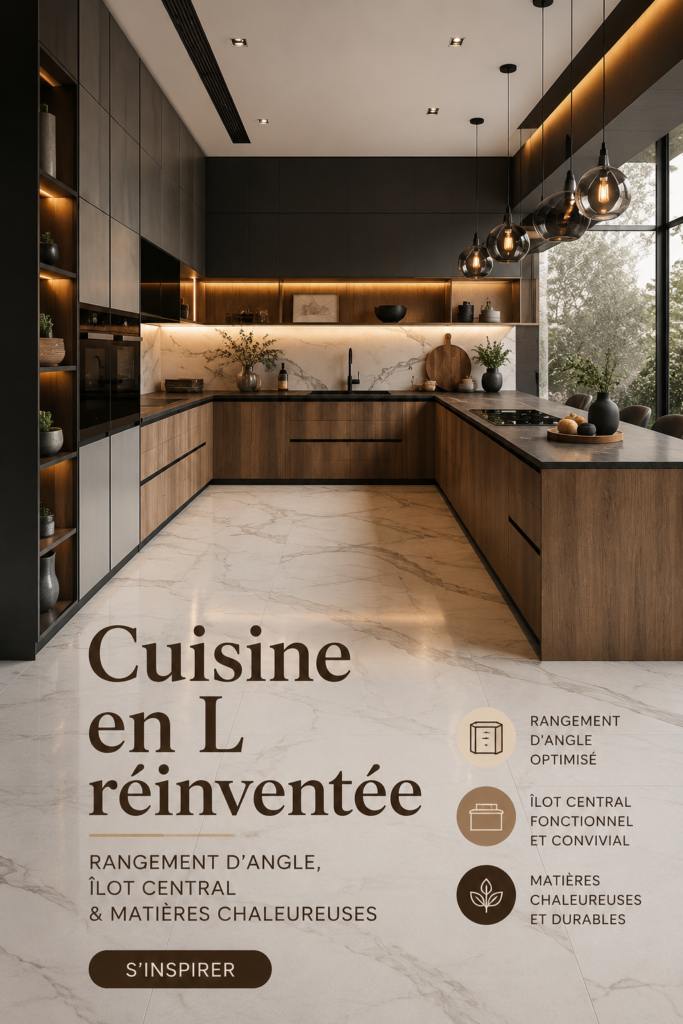 Cuisine moderne en L avec rangement intelligent et matériel chaleureux.