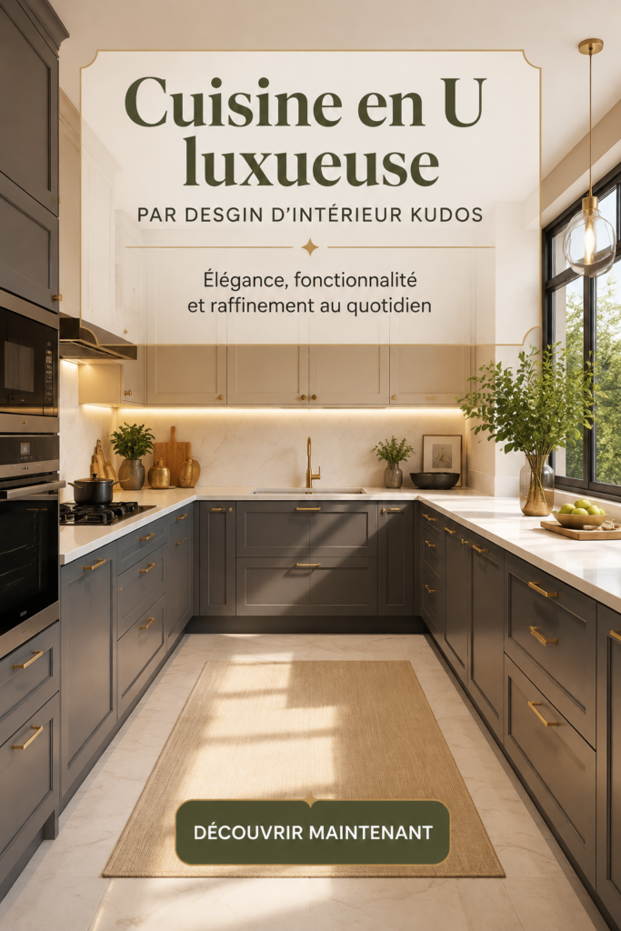 Cuisine en U moderne avec des éléments de luxe et un aménagement fonctionnel.