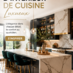 Cuisine moderne et luxueuse avec îlot central en marbre et appareils électroménagers haut de gamme.