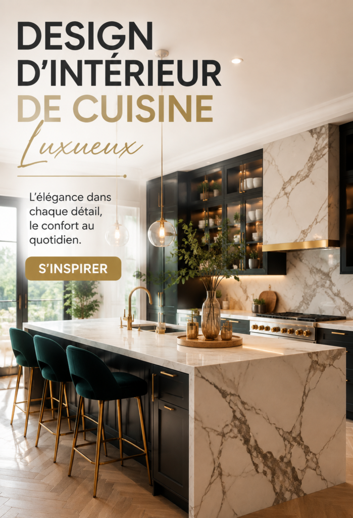 Cuisine moderne et luxueuse avec îlot central en marbre et appareils électroménagers haut de gamme.