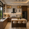 Cuisine moderne avec îlot central en bois et décoration chaleureuse.