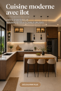 Cuisine moderne avec îlot central en bois et décoration chaleureuse.