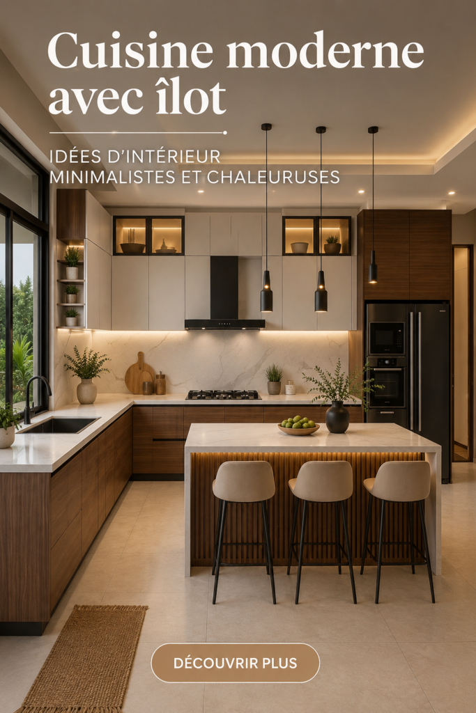 Cuisine moderne avec îlot central en bois et décoration chaleureuse.