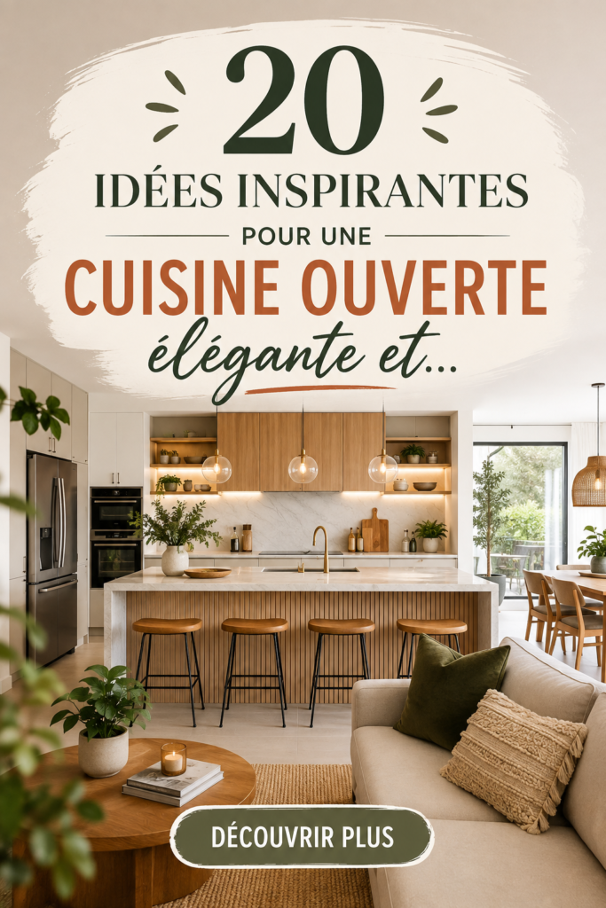 Cuisine ouverte élégante avec îlot central et mobilier chic.