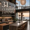 Un intérieur de cuisine Japandi éclairé, mettant en avant des matériaux naturels et un agencement harmonieux.