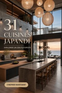 Un intérieur de cuisine Japandi éclairé, mettant en avant des matériaux naturels et un agencement harmonieux.