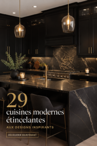 Une cuisine moderne éclatante avec des surfaces en marbre et des éléments en bois chaleureux.