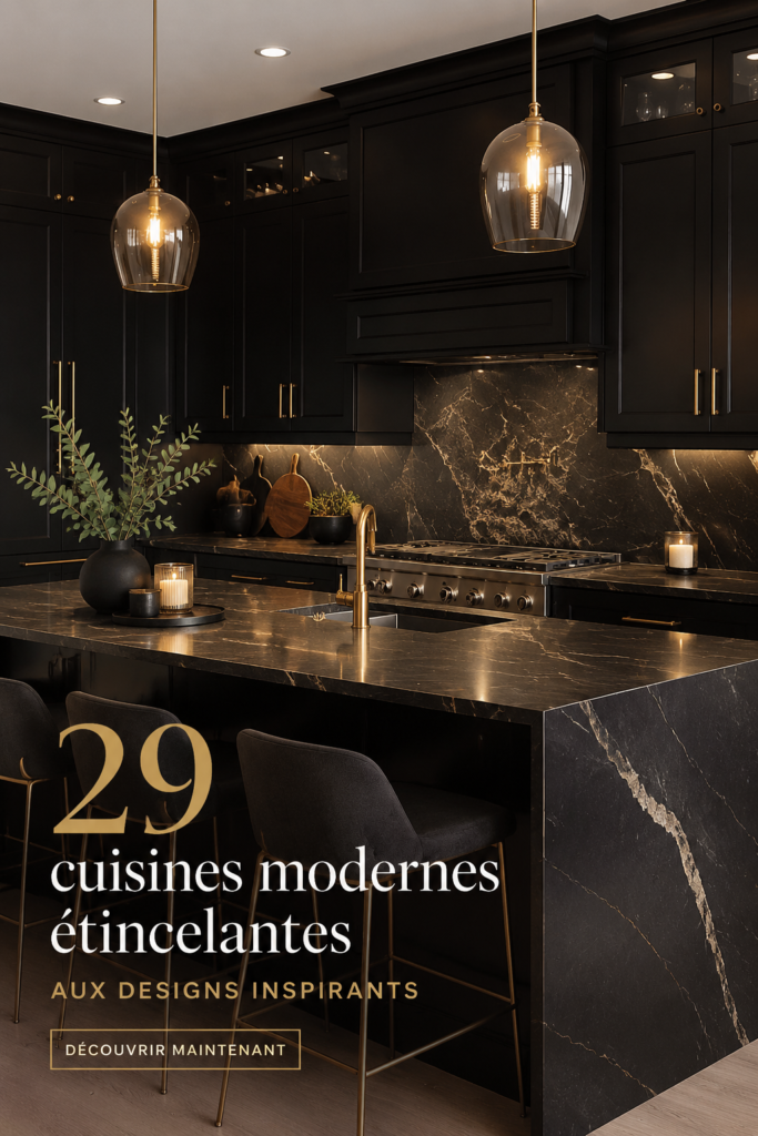 Une cuisine moderne éclatante avec des surfaces en marbre et des éléments en bois chaleureux.