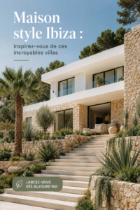 Image d'une villa de style Ibiza avec des couleurs claires et un design méditerranéen.