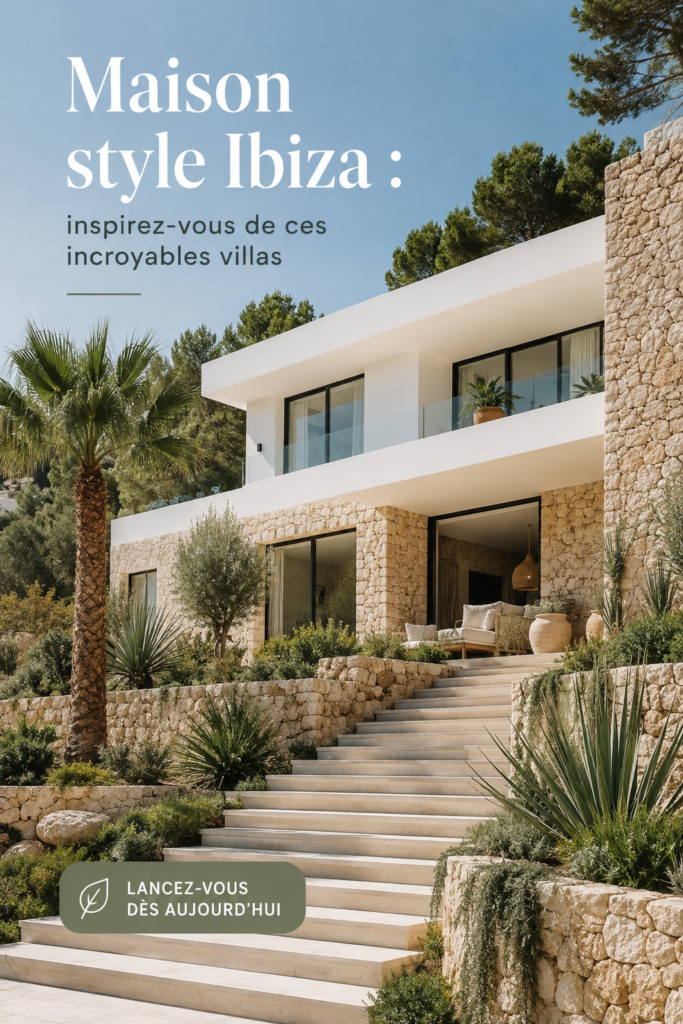 Image d'une villa de style Ibiza avec des couleurs claires et un design méditerranéen.