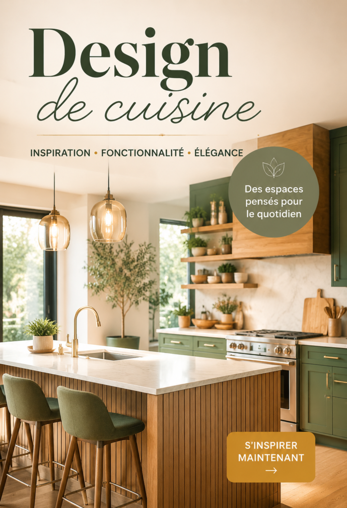 Cuisine moderne et chaleureuse avec des meubles en bois et un plan de travail lumineux.