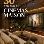 Salle de cinéma maison luxueuse avec un grand écran et des fauteuils confortables.