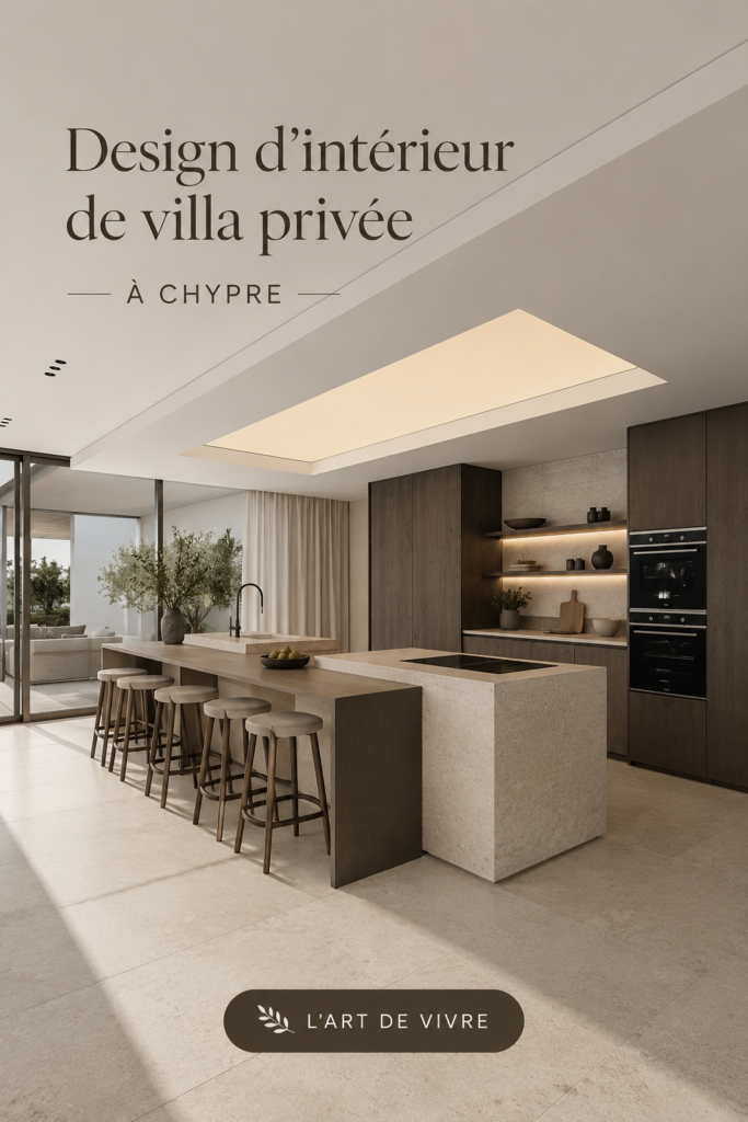 Intérieur d'une villa de luxe à Chypre, mettant en valeur un design moderne et chaleureux.
