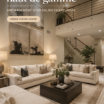 Un salon moderne aménagé de manière cosy avec des coussins et un éclairage chaleureux.