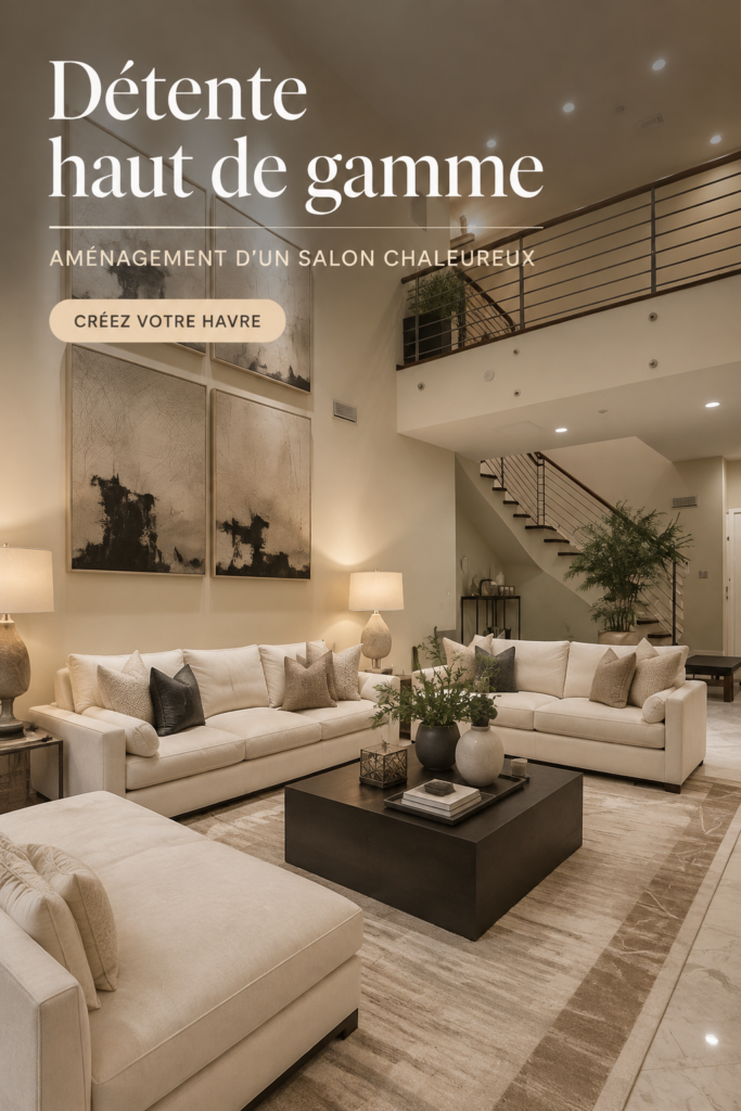 Un salon moderne aménagé de manière cosy avec des coussins et un éclairage chaleureux.