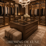 Dressing de luxe avec un îlot dans des tons beiges modernes, élégant et fonctionnel.