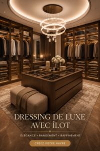 Dressing de luxe avec un îlot dans des tons beiges modernes, élégant et fonctionnel.