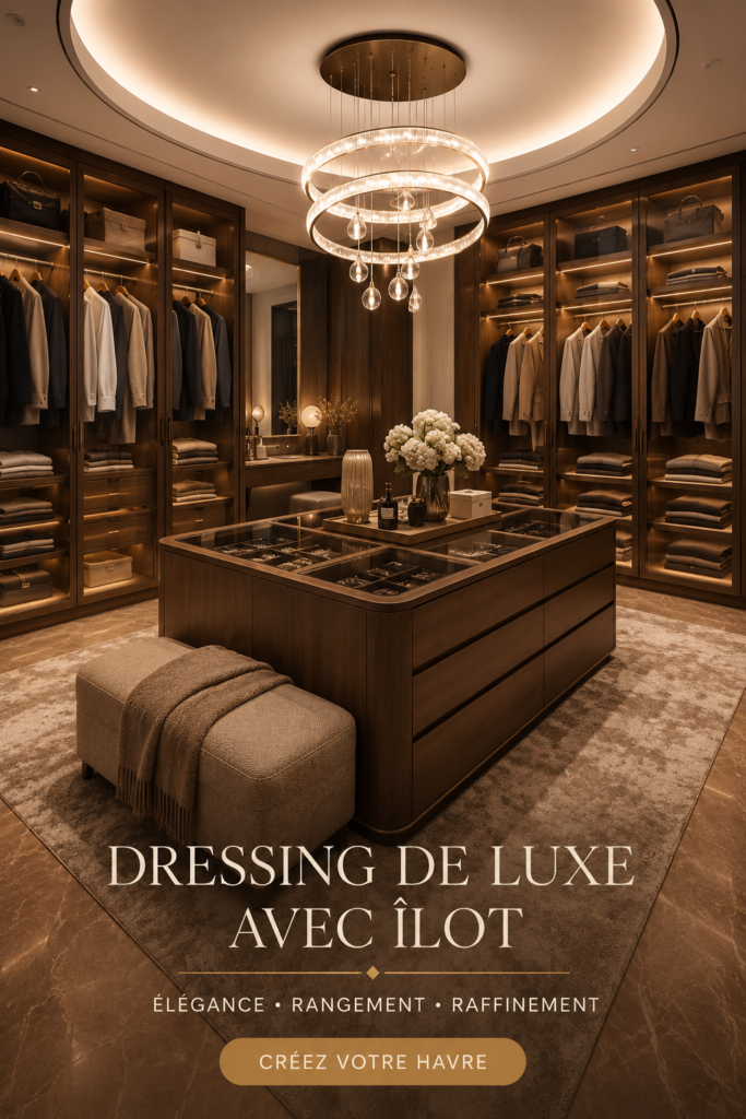 Dressing de luxe avec un îlot dans des tons beiges modernes, élégant et fonctionnel.