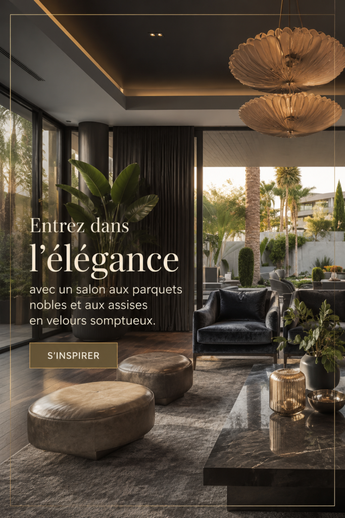 Intérieur d'un salon élégant avec des sols en bois et des meubles en velours