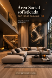 Espace de vie moderne avec des murs sombres et des accents sophistiqués.