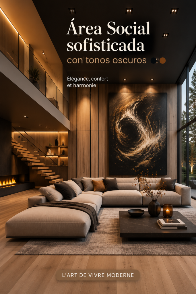 Espace de vie moderne avec des murs sombres et des accents sophistiqués.