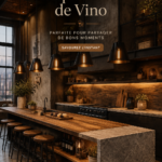 Coin vin décoré dans un style élégant avec étagères en bois et bouteilles de vin embellissant l'espace