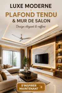 Un salon moderne avec un élégant faux plafond en plâtre et des murs décorés de manière sophistiquée.
