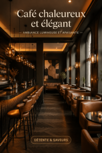 Un café chaleureux avec un éclairage d'ambiance élégant et intime.