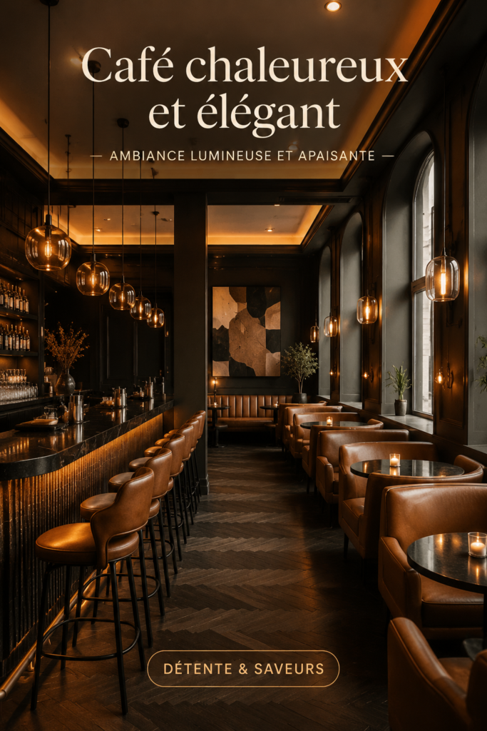 Un café chaleureux avec un éclairage d'ambiance élégant et intime.