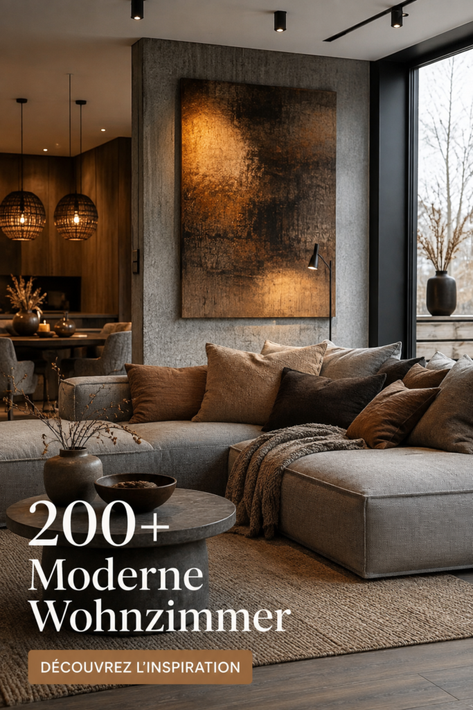 Un salon moderne avec un canapé gris et des éléments de décoration élégants.
