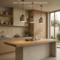 Îlot de cuisine Japandi avec lumières suspendues minimalistes, ambiance intérieure apaisante