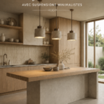 Îlot de cuisine Japandi avec lumières suspendues minimalistes, ambiance intérieure apaisante
