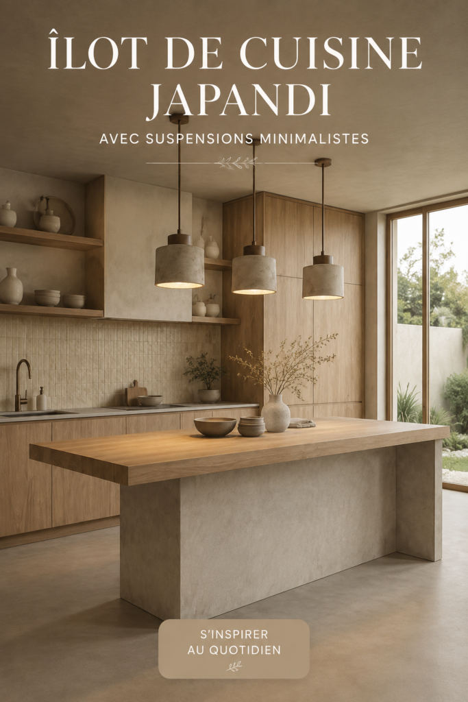 Îlot de cuisine Japandi avec lumières suspendues minimalistes, ambiance intérieure apaisante