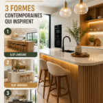 Îlot de cuisine moderne avec comptoir en marbre et bar