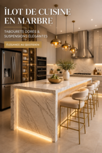 Îlot de cuisine en marbre avec tabourets dorés et éclairage élégant