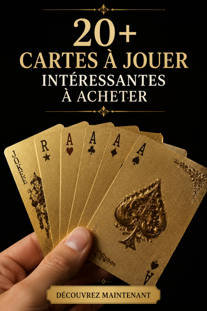 Jeux de cartes originaux disposés sur une table en bois moderne, intégrés dans une décoration élégante.