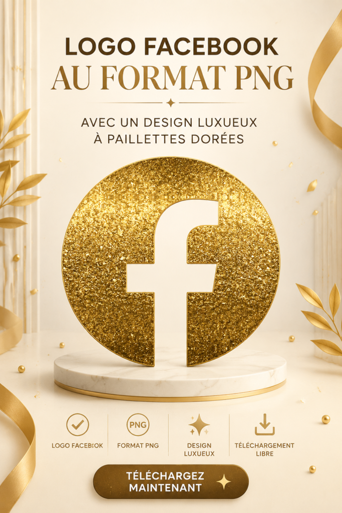 Logo Facebook luxe avec paillettes dorées sur fond blanc