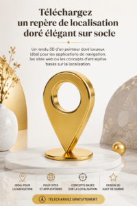 Marqueur de localisation élégant en or sur un fond de décoration intérieure moderne.