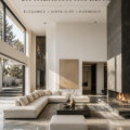 Intérieur moderne minimaliste avec des couleurs neutres et une décoration épurée.