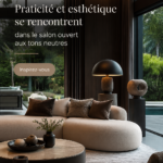 Salon ouvert avec une décoration moderne et neutre, alliant praticité et esthétique