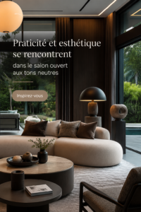 Salon ouvert avec une décoration moderne et neutre, alliant praticité et esthétique