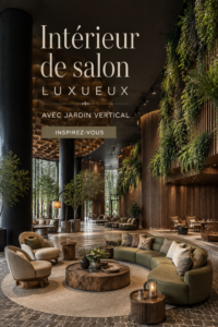 Salon luxueux avec jardin vertical, ambiance élégante et chaleureuse