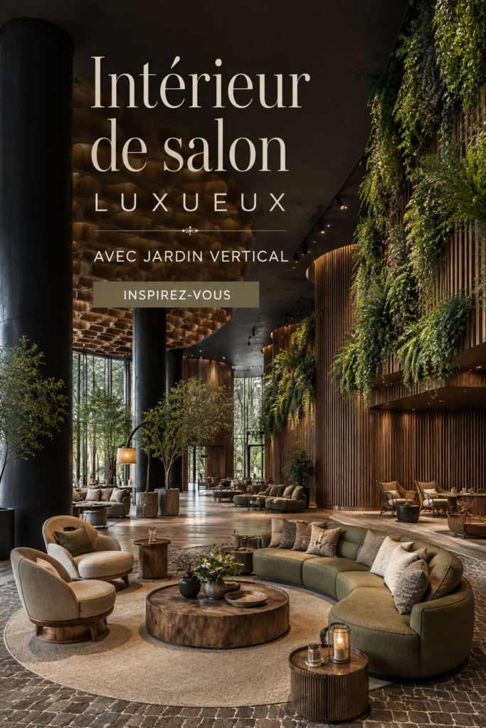 Salon luxueux avec jardin vertical, ambiance élégante et chaleureuse