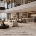 Salon moderne avec un élégant sol en marbre blanc, illuminé par la lumière naturelle.