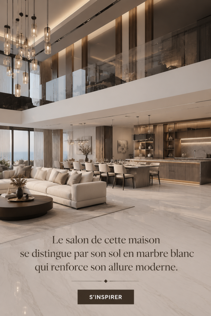 Salon moderne avec un élégant sol en marbre blanc, illuminé par la lumière naturelle.