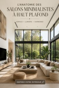 Salon minimaliste avec un plafond haut décoré de manière moderne