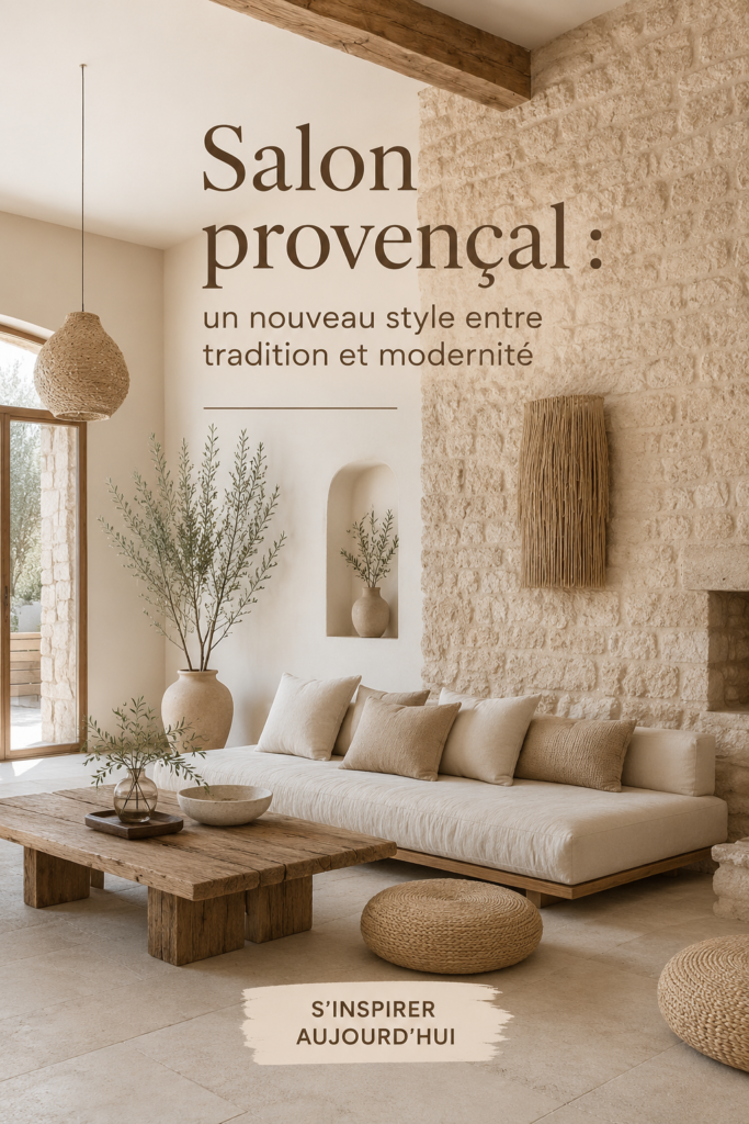 Salon décoré dans un style provençal moderne avec des couleurs chaudes et des matériaux naturels.