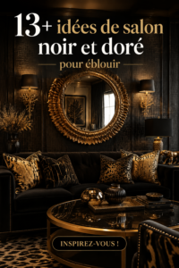 Un salon chic avec des accents en noir et or, mettant en valeur des meubles modernes et élégants.