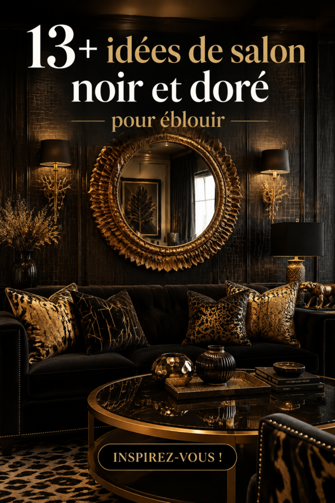 Un salon chic avec des accents en noir et or, mettant en valeur des meubles modernes et élégants.
