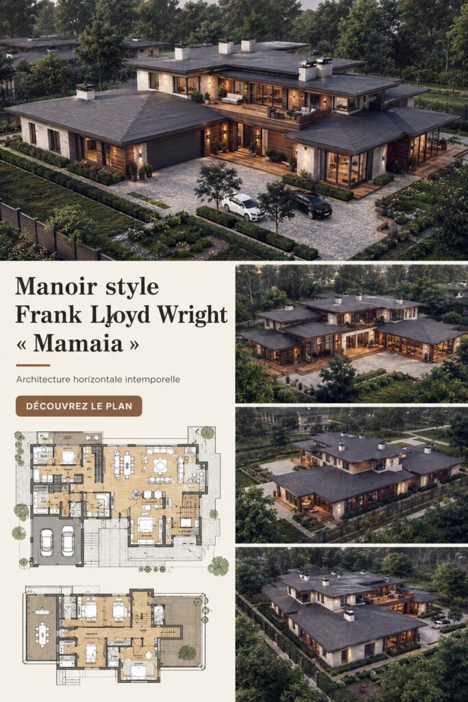 Vue extérieure de la villa Mamaia au style Frank Lloyd Wright